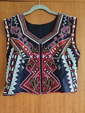 Beaded Embroidered Black and Red Sleeveless Top